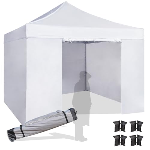 Easy 10x10 Pop Up Canopy Tent with 4 Sidewalls, Heavy Duty Commercial Use, Peak Tensioner Frame, Industry-Leading 3000mm Waterproof, 500D Silver Coated, Wheeled Bag, Sandbags, Stakes & Ropes, White