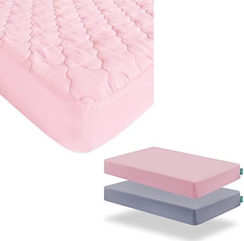 Image of Biloban Waterproof Crib Mattress Protector & Quilted Crib Sheets Fitted Pad Cover up to 9" & Crib Sheets Girl 2-Pack