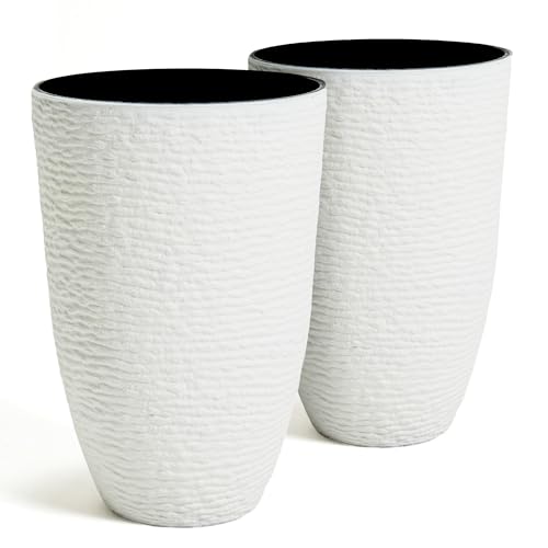 Worth Garden 2-Pack 21" H. White Tall Planters - 14'' Dia Resin Large Round Flower Pots for Outdoor Plants Trees - Imitation Stone Finish Plastic Indoor Front Porch 9 Gallon Decorative Container Patio by Worth - Used condition - US$95.62