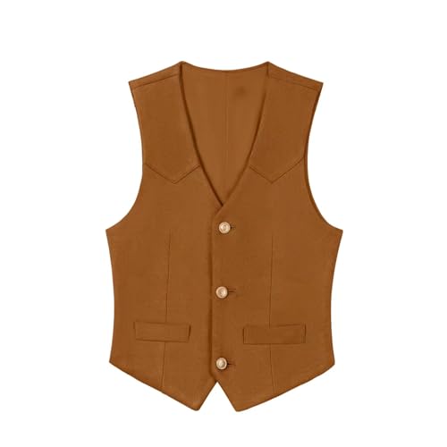 Boys Vest Leather Western Cowboy Dress Vests with Pockets Vintage Suede V Neck Formal Wedding Waistcoat