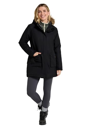 Image of Mountain Warehouse Tarka Womens Winter Jacket - Long Waterproof Padded Puffer Coat with Fleece Lining & Fur Trim Hoodie - Ideal For Camping in Cold Weather Black Women's Size 16