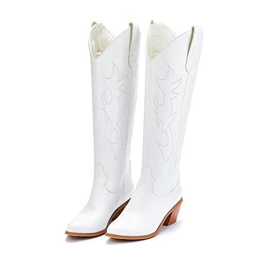 Aelegantmis Embroidered Cowgirl Boots Women Stacked Heel Modern Western White Cowboy Boots For Women Knee High Pull-On Boots 7.5M #TOP5