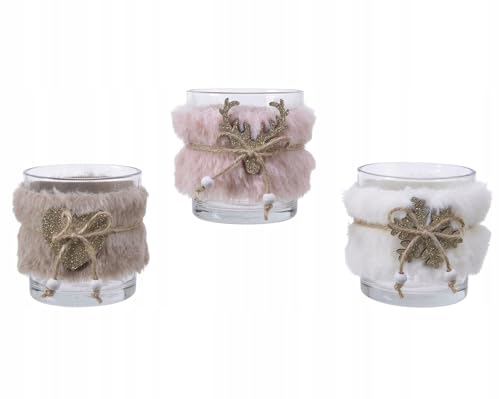 Kaemingk Portatealight in Vetro con Decoro Simil Pelliccia 7xh7,5cm 1pezzo