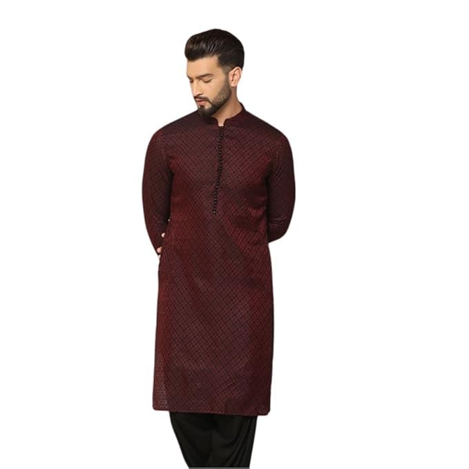 Kisah Men's Jacquard Silk Blend Kurta-Regular Fit Long Tunic With Mandarin Collar|Ethnic Wear For Weddings & Festive Occasions, Maroon & Black, 42