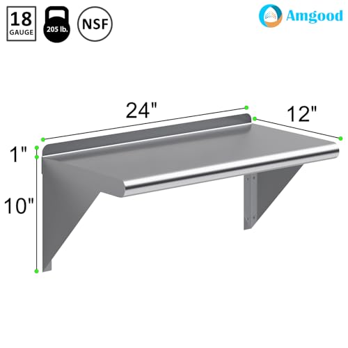 Image of AmGood 12 in. x 24 in. Stainless Steel Wall Shelf | NSF | Metal Shelving | Garage, Laundry, Storage, Utility Room | Restaurant, Commercial Kitchen