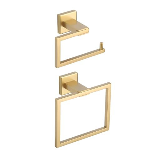 GERZWY Bathroom Hardware Set 2 Piece Towel Ring and Toilet Paper Holder SUS 304 Stainless Steel Wall Mounted Gold Finished JG1956-2BE