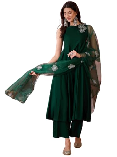 Image of Stylum Women's Solid & Embellished Rayon Flared Kurta Palazzo Dupatta Set