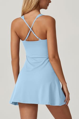 Image of QINSEN Womens Square Neck Tennis Dress Sleeveless Built in Shorts Golf Athletic Dress with Pockets