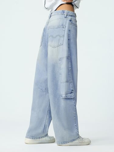 Image of The Souled Store: Barrel-Fit Denim: Women and Girls Washed Cotton Twill Barrel Fit Lightweight Adjustable Rise Everyday Casual Denim Jeans