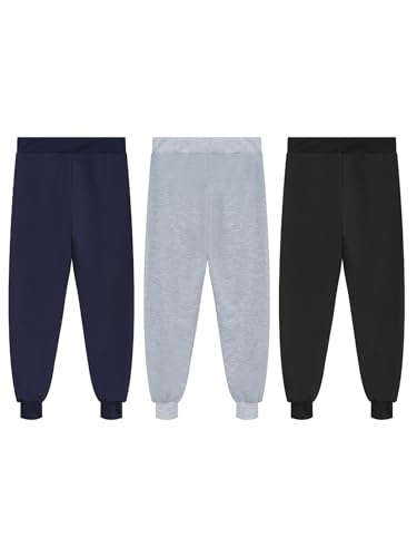 RUNQHUI - Juego de 3 pantalones de chándal para deporte, fitness, cintura elástica, Negro, Gris y Azul Marino, 12- 13 años