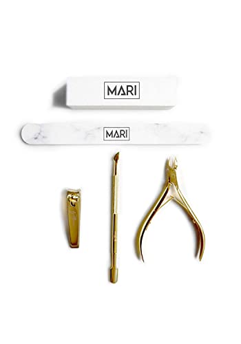 Mari By Marsai, Mari Mani Tool Set, Gold Manicure Pedicure Kit, Nail File, Buffer, Clippers, Cuticle Trimmer Cutter, Cuticle Pusher, Cuticle Remover, Keepsake Box, Stainless Steel, Dead Skin Remover #TOP7