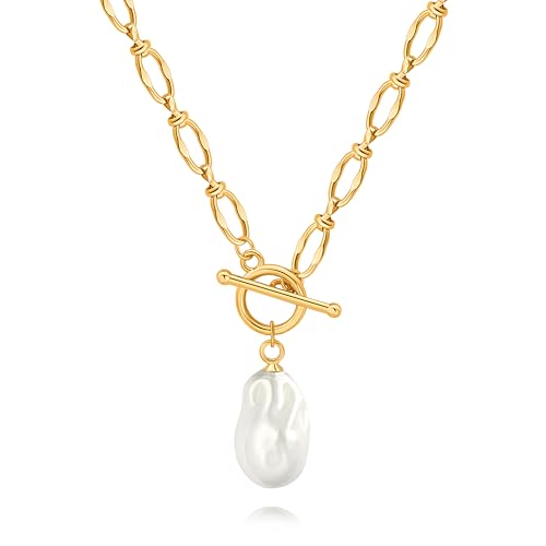 CANEVINKA 18K Gold Plated Baroque Pearl Pendant Necklace Toggle Clasp