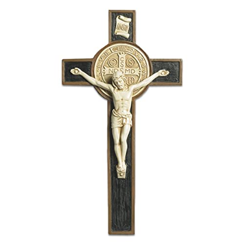 Saint Benedict Cross Crucifix Medal Wall Exocism Ivory Tone 7 Inch Carved Detail