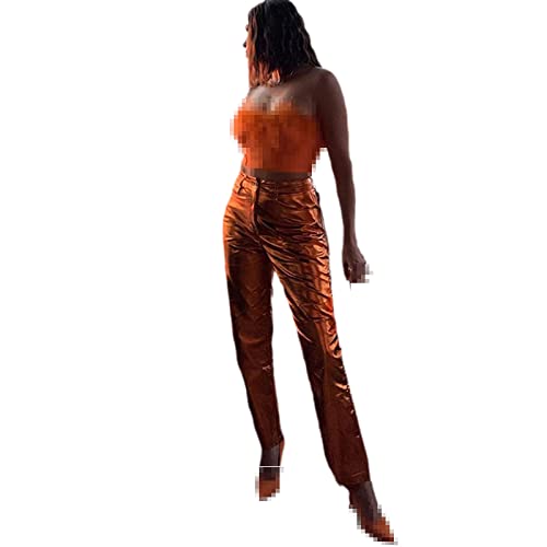 Pantalon en cuir taille haute femme droit chic automne hiver orange S