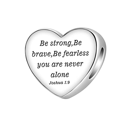 LUXILLA Abalorio de plata de ley 925 con texto en inglés 'Be strong, Be brave, Be fearless you are never alone Joshua de 1:22.9 cm, se adapta a pulseras, collares, colgantes, abalorios, regalo para