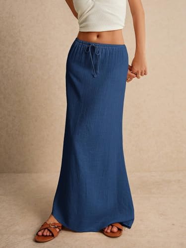 EARKOHA 2025 Women's Summer Maxi Skirt Drawstring Low Waist A Line Linen Long Flowy Skirts Navy Blue M2
