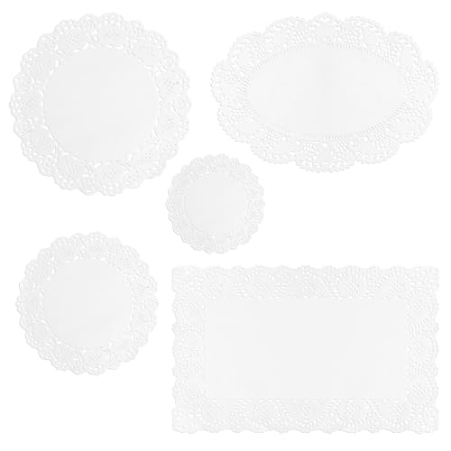 Blondas de Papel 250 Unidades - Set de 5 Tamaños Redondas, Ovaladas y Rectangulares - Blondas Papel Desechables para Bandejas, Pasteles, Postres y Manualidades