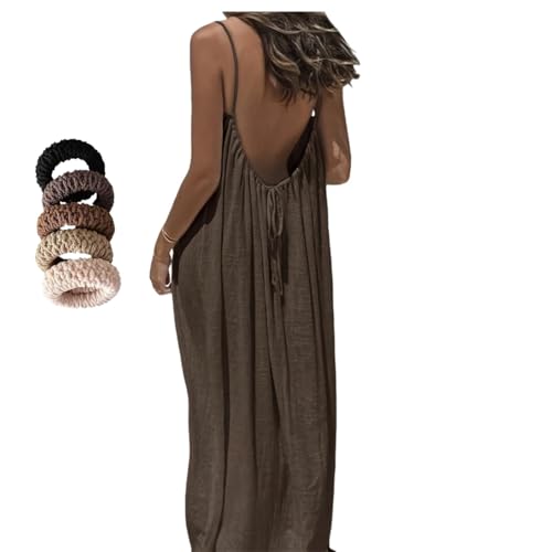 INLANDSIS Rückenfreies Cami-Kleid für Damen, Sommer, legere Ärmel, rückenfrei, Maxikleid für Strand, Spaghetti-Träger mit Raffhalter, braun, S