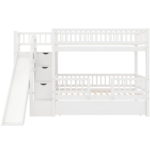 Image of Twin over Twin Bunk Bed with Storage Staircase,Slide and Trundle,White