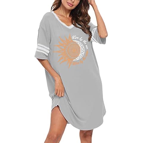 KAMONG Sleep Shirts for Women Short Sleeve Cotton Novelty Night Shirts V Neck Oversized Nightgowns Cute Printed Nightdress S Grey-moon and Sun 2 Cover