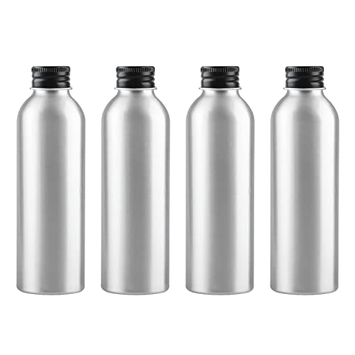 ZEOABSY 4 Pièces Argent Flacon Aluminium Vides 150 ML, Bouteille en Aluminium avec Bouchon en Aluminium Fileté Noir pour Cosmétique Shampooing Salle de Bains Hôtel Voyage Rechargeables
