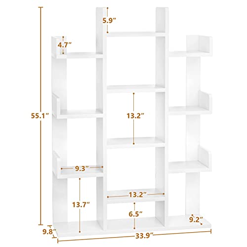 Aheaplus Bookshelf, Tree-Shaped Bookcase Storage Shelf With 13 Compartments, Books Organizer Display Cube Shelves, Industrial Free Floor Standing Wood Open Bookshelves For Home, White #TOP2