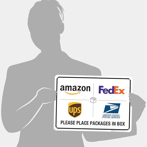 Image of Package Delivery Sign, Please Leave Packages Here Sign, FedEx, Amazon, UPS, USPS, 10x14 Inches, Rust Free .040 Aluminum, Fade Resistant, Made in USA by Sigo Signs