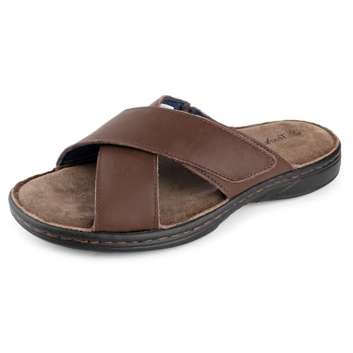 Image of Mens Adjustable Slides Cross Napa Leather Open Toe Sandals Soft Memory Foam Slip On Sandlas Classic Dress Slides Summer Beach Comfy Slippers Rubber Non Slip Sole Brown EU46 /US13