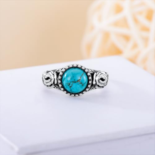 Rose Flower Ring for Women 925 Sterling Silver Genuine Natural Turquoise Vintage Rose Promise Statement Ring Ladies Jewelry Valentines Day Gift for Women Mother4