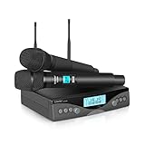Lieferumfang: 1 drahtloser Empfänger, 2 drahtlose UHF-Handmikrofone, 1 1/4-Zoll-Audiokabel, 1 Netzteil, 2 Antennen, 2 Rollringe, 1 x Benutzerhandbuch