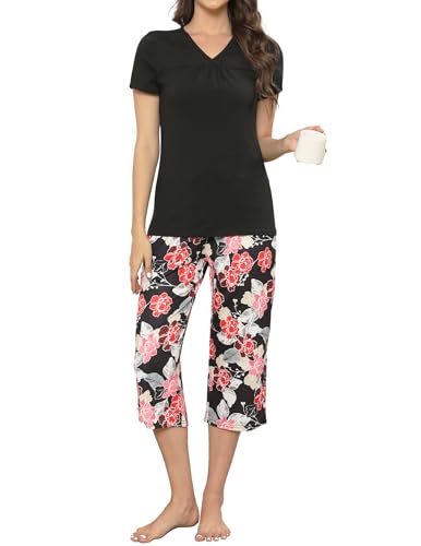 Pyjama coton femme vêtement de nuit décontracté ensemble pantalon 3/4 fleuri