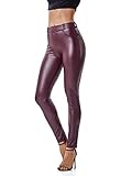 FITTOO PU Leggings Cuero Imitación Pantalón Elásticos Cintura Alta Push Up para Mujer #1 Bolsillo Falso Poca Terciopelo Rojo M
