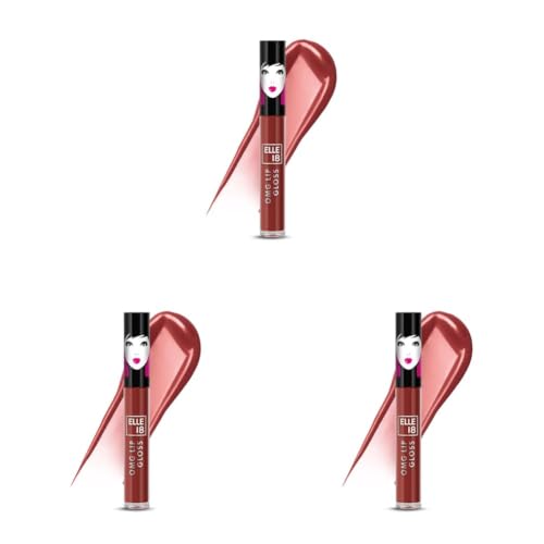 Image of Elle 18 OMG Lip Gloss, Glossy Finish, Brownie Babe, Non-sticky Formula, Light-weight, Moisturising, Infused with Rapeseed and Jojoba Oil, Full Coverage| 2.5ml (Pack of 3)