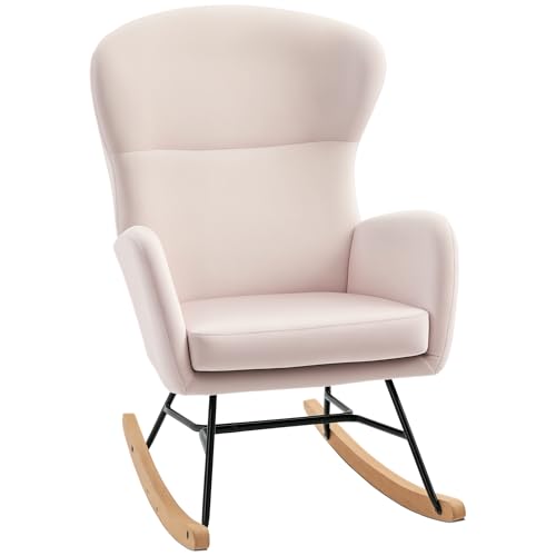 HOMCOM Silla Mecedora Tapizada en Terciopelo Sillón Balancín Relax con Asiento Acolchado Reposabrazos y Pies de Madera de Haya para Salón Dormitorio 65x87x102 cm Rosa