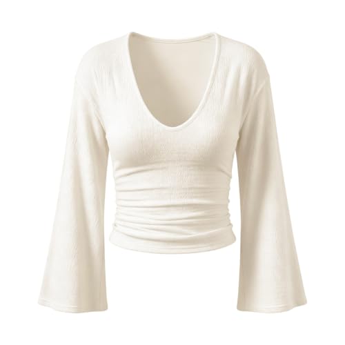 Bell Sleeve Tops for Women,Long Sleeve Going Out Tops for Women V Neck Slim Fit Cropped Fall Shirts Y2k Flowy Dressy Casual Business Blouses,Khaki,L - image 2