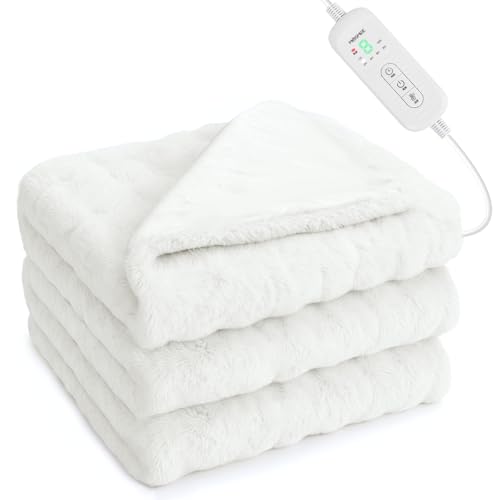 【当日出荷】MOSMEE 電気毛布 【2025AI 自動温度調整+表面兎毛調+裏面ポリエステル素材】 190×130cm 大きいサイズ 掛け敷き兼用 ひざ掛け 8段階温度調整 6段階タイマー設定機能 自動オフ 洗える 洗濯ネット付き ダニ退治 ふわふわ 柔らかく 防寒対策 暖房器具 省エネ 安全保護 (ホワイト, 190*130)