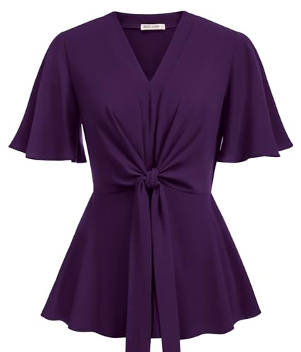 Image of GRACE KARIN Women's Elegant V-Neck Tie Waist Flowy Peplum Shirt Tops