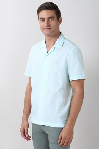 Image of Peter England Men's Casual Half Sleeve Resort Collar Shirt in 100% Cotton Seersucker with Striped Design
