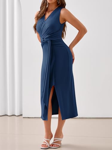 Image of YIOYOLA Womens Sleeveless Ruched V Neck Sheath Casual Party Midi Bodycon Dresses with Slit