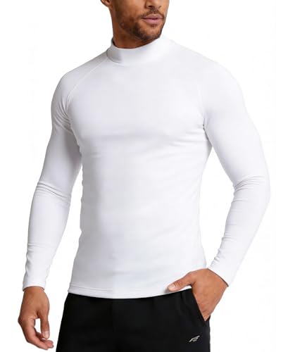 RGJU Mens Thermal Shirts Long Sleeve, Athletic Mock Neck Outdoor Midweight Top Slim Fit Moisture Wicking Warm Undershirt(White,L)
