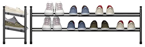 TZAMLI 2-Tier Freestanding Shoe Rack Metal Iron of Expandable and Adjustable Shoes Organizer, Stackable Shoe Shelf for Closet Entryway, 24.41" x 8.66" x 13.78" (Black)