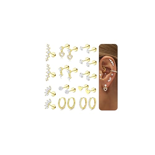 LOLIAS Hypoallergenic Flat Back Earrings for Women Cartilage Earrings Stacks-20G Surgical Stainless Steel Flatback Stud Hoop Earring Set Daith Conch Tragus Helix Piercing Jewelry