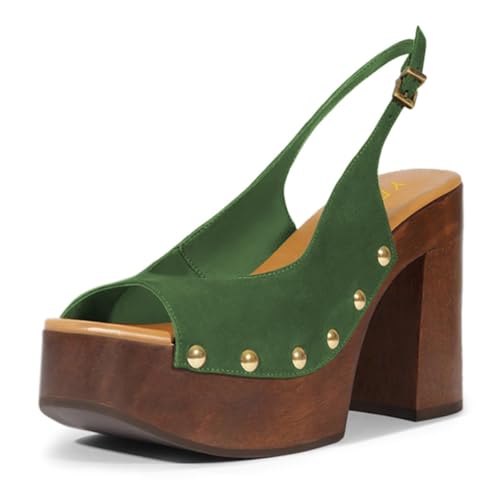 YDN Women's Rivet Studded Platform Chunky Block High Heeled Sandals Slingback Buckle Strap Clog Shoes Size 4-16 US