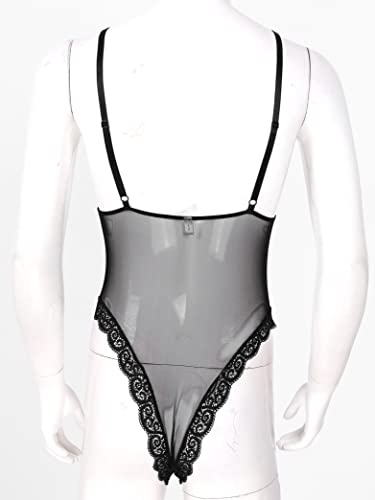 Daenrui Mens Lace Sissy Lingerie One-Piece See Through Bodysuit Jumpsuit High Cut Thongs Leotard Pajamas Black Xx-Large #TOP5