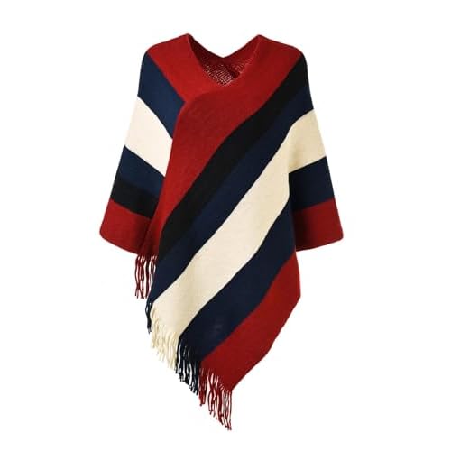 Ferand Women's Striped Poncho Sweater Cozy Knit Fringe Shawl Wraps for Fall Winter Red & Black