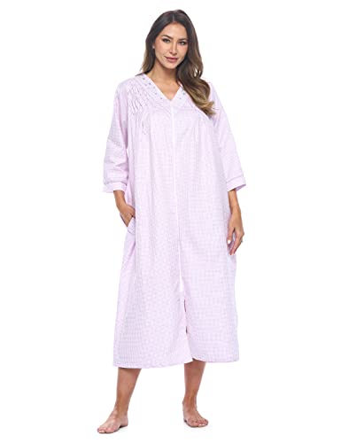 Casual Nights Womens Zip Front Seersucker House Dress 3-4 Sleeves Housecoat Long Duster Lounger - Gingham Purple - 3X Plus