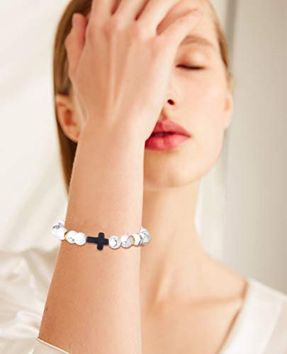 Yadoca 8 Pcs 8Mm Beads Bracelet For Men Women Lava Rock Tiger Eye Stone Howlite Natural Stone Stretch Elastic Cross Bracelet Set #TOP5