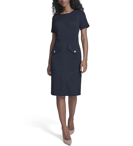 Image of Tommy Hilfiger Women's Short Sleeve Round Neck Novelty Button Tweed Mini Sheath Dress