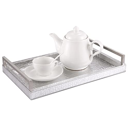 Plateau décoratif en Cuir, Plateau de Service de Table Basse ottomane avec poignée en Acier Inoxydable brossé Ti-Goldts et Plateaux Plateaux de Petit déjeuner (Argent) Cover