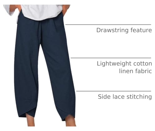 Image of Womens Cotton Linen Capri Pants Casual Elastic Printed Ankle Pants | Cotton Linen Capri Pants for Women 2025 Casual Printed Cropped Palazzo Pants Elastic Waist Lounge Baggy Trousers
